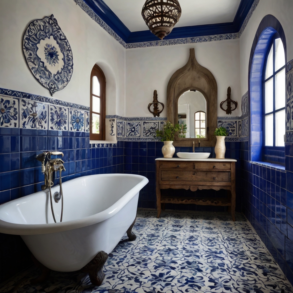 Cobalt blue and white Talavera tiles bring a refreshing Spanish-Mediterranean charm. Sunlight enhances their intricate patterns for a breezy, coastal vibe.