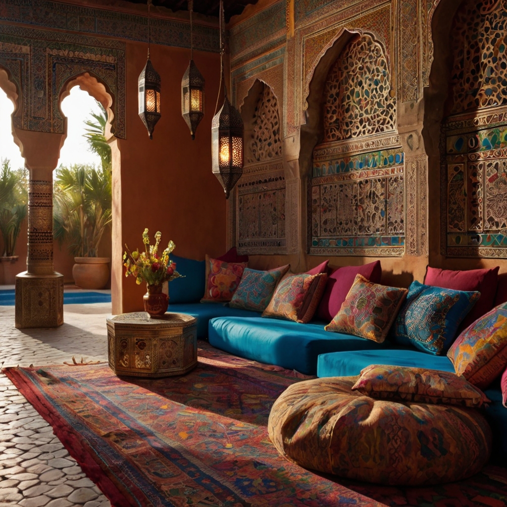 A Moroccan-inspired courtyard with deep jewel tones, mosaic tables, and hanging lanterns. Ornate details and warm lighting create an inviting atmosphere.