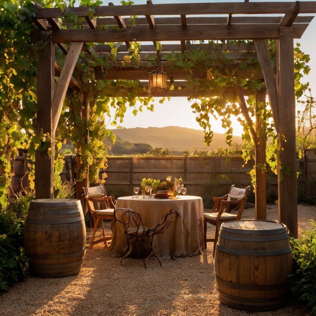 A charming vineyard-inspired courtyard with grapevines draping over rustic trellises. A weathered wine barrel serves as a cozy gathering centerpiece.