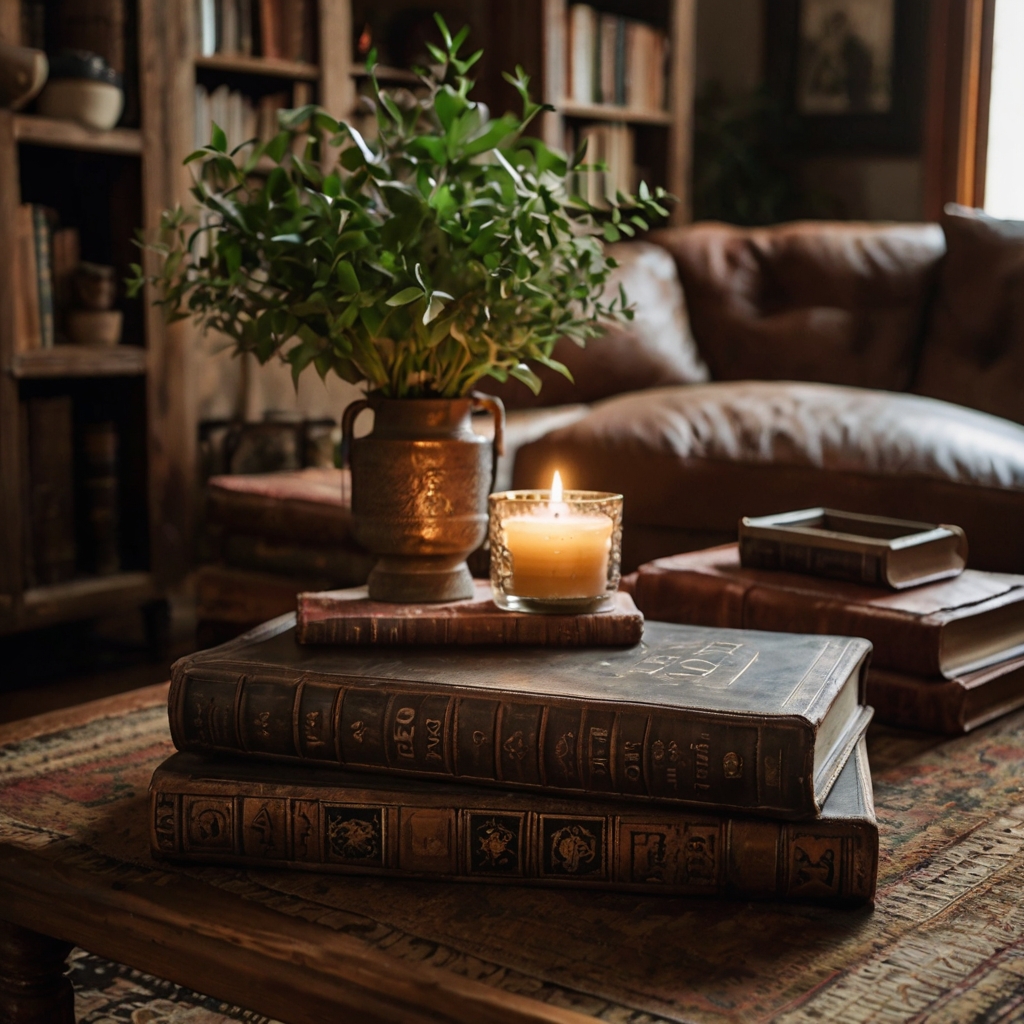 A rustic coffee table with stacked vintage leather-bound books, flickering candlelight, and trailing greenery.