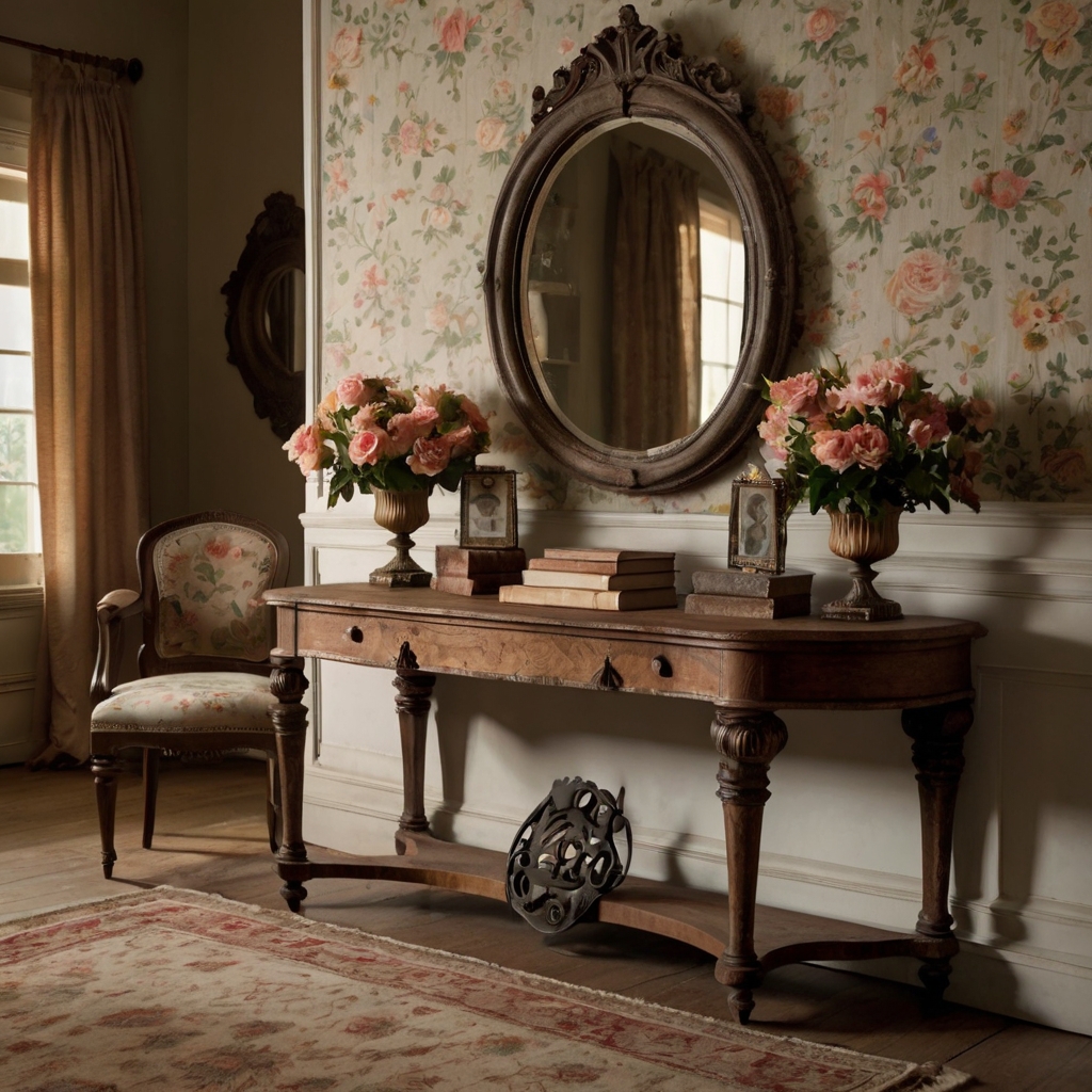 An elegant space with antique furniture, floral upholstery, and distressed wood accents. Soft lighting and vintage decor add a nostalgic, timeless feel.