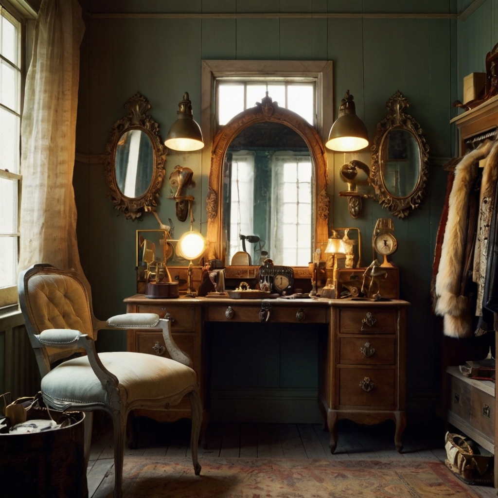 Fill the room with unique flea market finds. Soft lighting highlights each item’s charm, giving the space personal character.