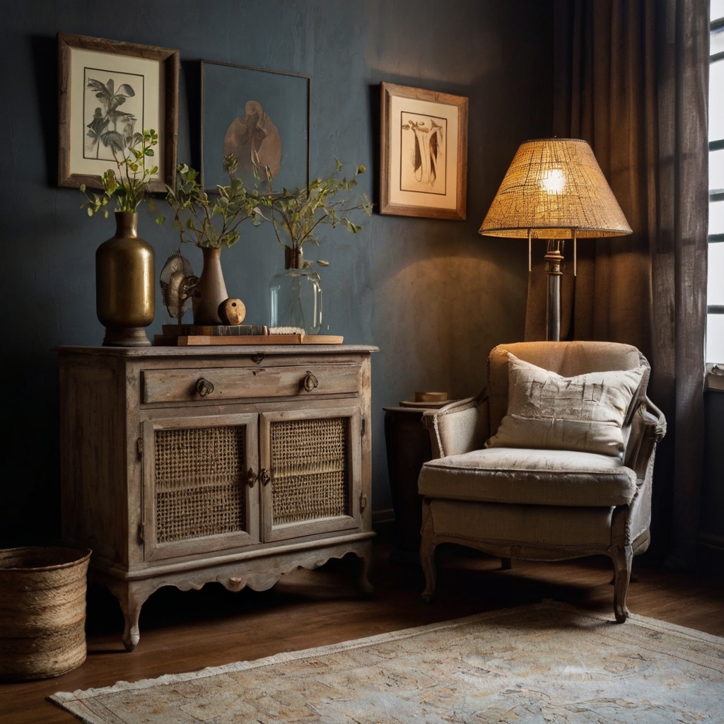 An antique-filled boho bedroom with a vintage trunk, rustic wooden shelves, and golden sunlight filtering through sheer curtains.