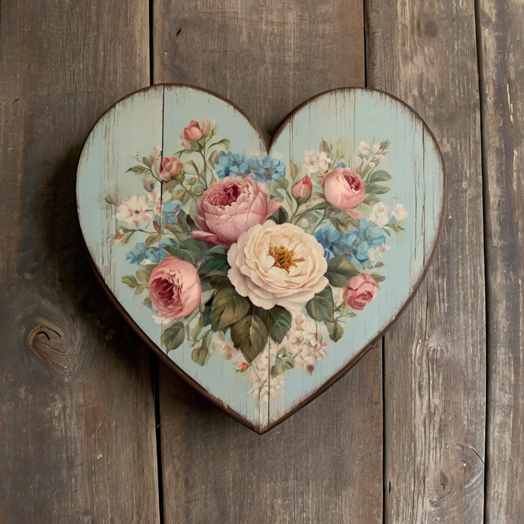 A rustic wooden heart with soft pastel roses, peonies, and daisies, creating a timeless floral charm. Perfect for shabby-chic or farmhouse decor.