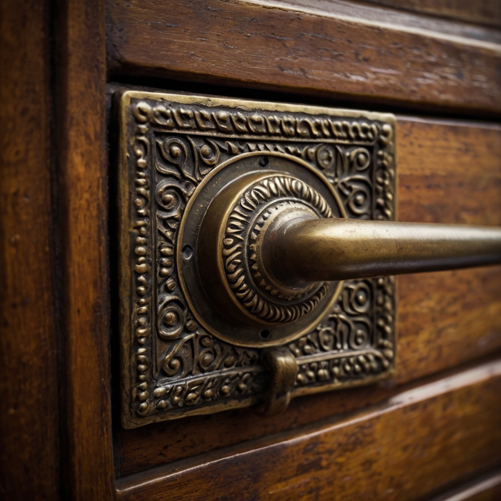 Antique brass drawer pulls and faucets add timeless Spanish character. Their rich patina and engraved details bring an old-world charm to the space.