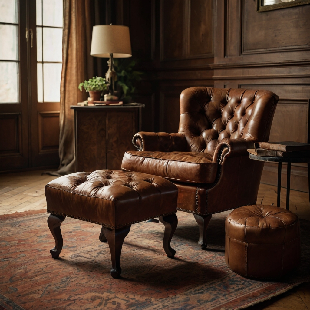 A vintage brown leather armchair with tufted details sits beside a wool throw. Afternoon light highlights its patina.