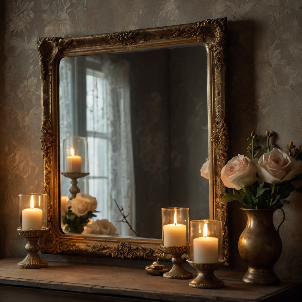 An ornate vintage mirror with distressed edges reflecting soft, elegant light. Aged glass and delicate carvings bring antique charm to your Galentine’s decor!