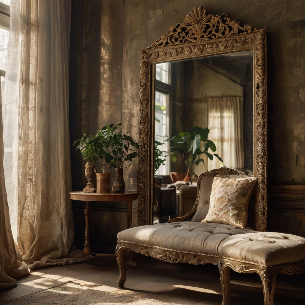 A bohemian living space with a gold-framed vintage mirror reflecting warm sunlight and antique wooden furniture.