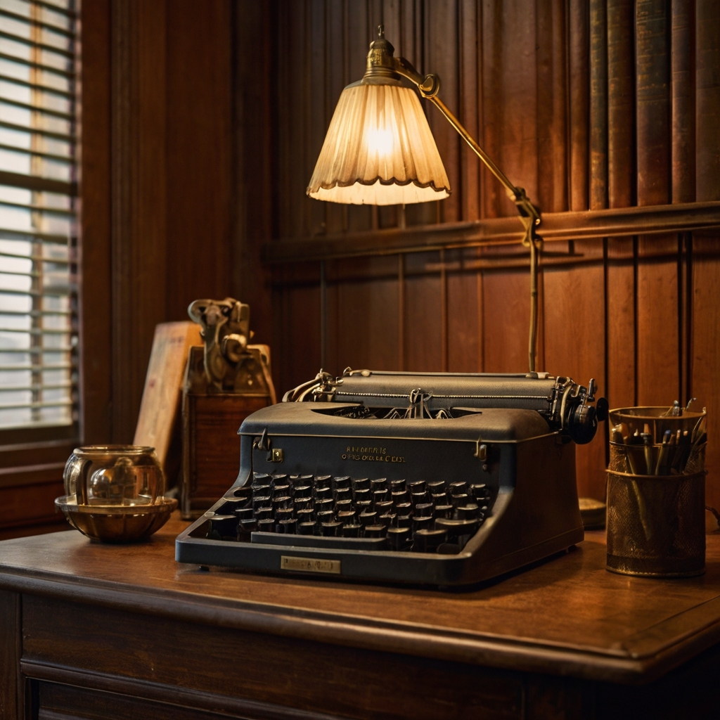 A nostalgic workspace featuring brass lamps, antique frames, and wooden textures. Classic elements bring a timeless, sophisticated feel.