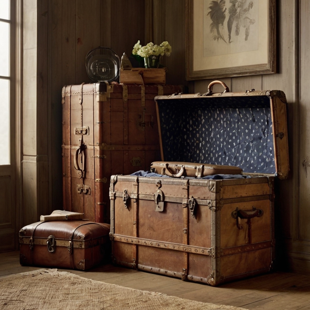 Design a vintage room with an antique trunk for both storage and style. Soft lighting highlights its rustic charm and cozy appeal.