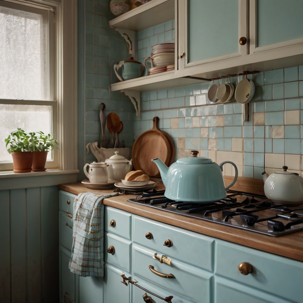 A pastel-themed kitchen with a retro countertop, enamel teapot, and checkered linens. Soft daylight enhances the nostalgic charm of vintage decor.