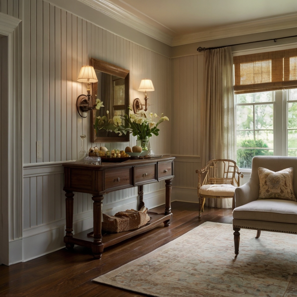 An elegant interior featuring soft-hued wainscoting and detailed beadboard walls. Vintage sconces cast a warm glow, enhancing the room’s refined yet cozy aesthetic.