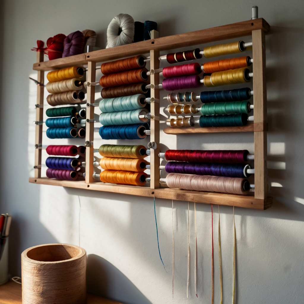 A wooden thread rack displays spools in a gradient of colors, with soft light accentuating the organized, space-saving design.