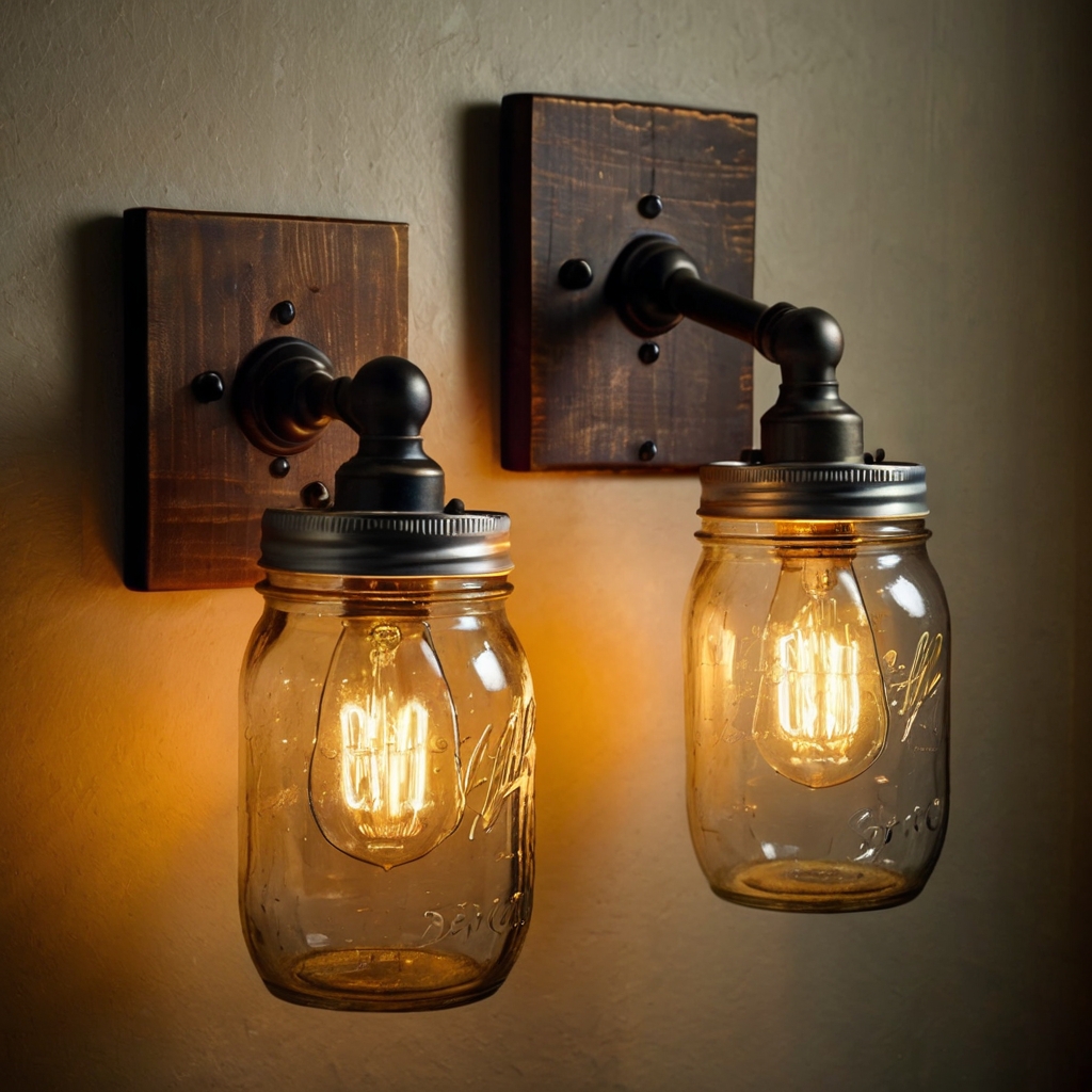 DIY mason jar wall sconces create a cozy, rustic glow, highlighted by soft lighting from above or below for added charm.