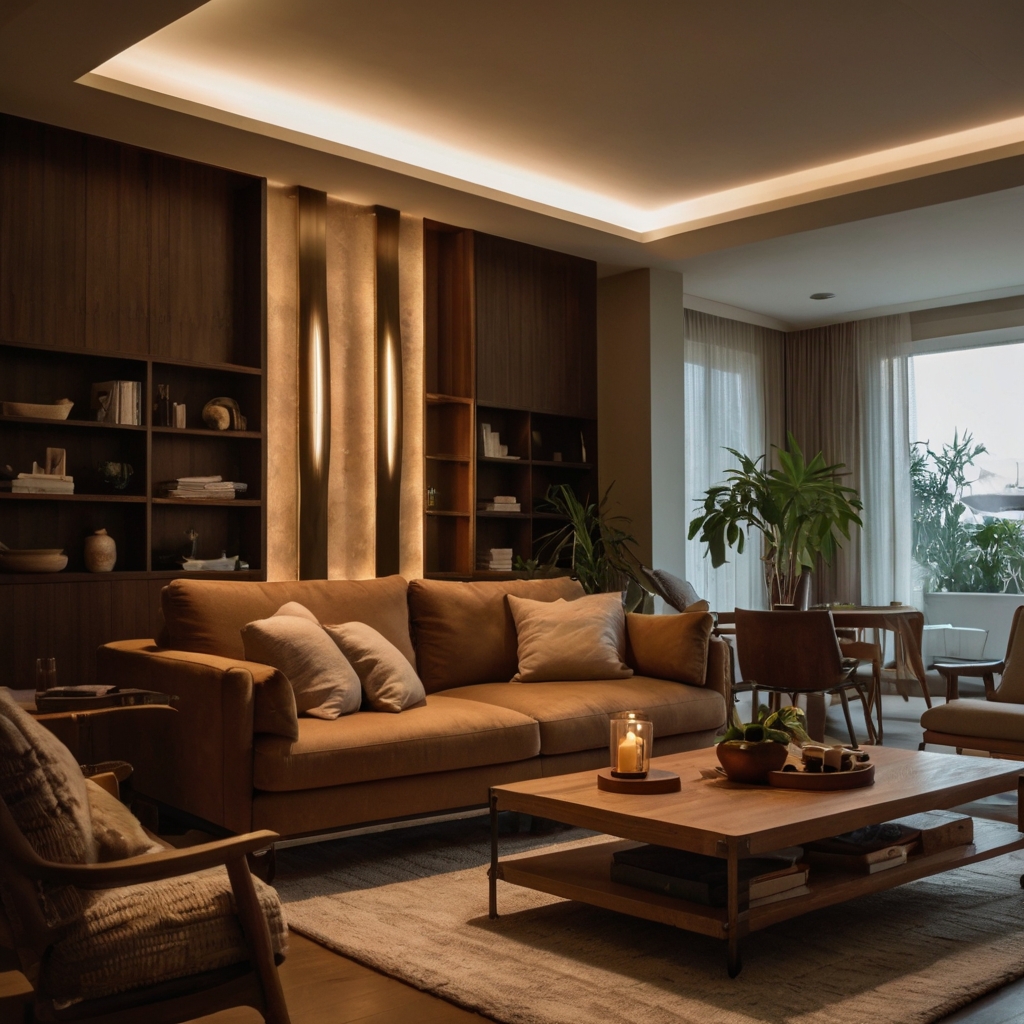 A brown sofa bathed in golden ambient lighting from table lamps. LED-lit shelves add depth to the cozy atmosphere.