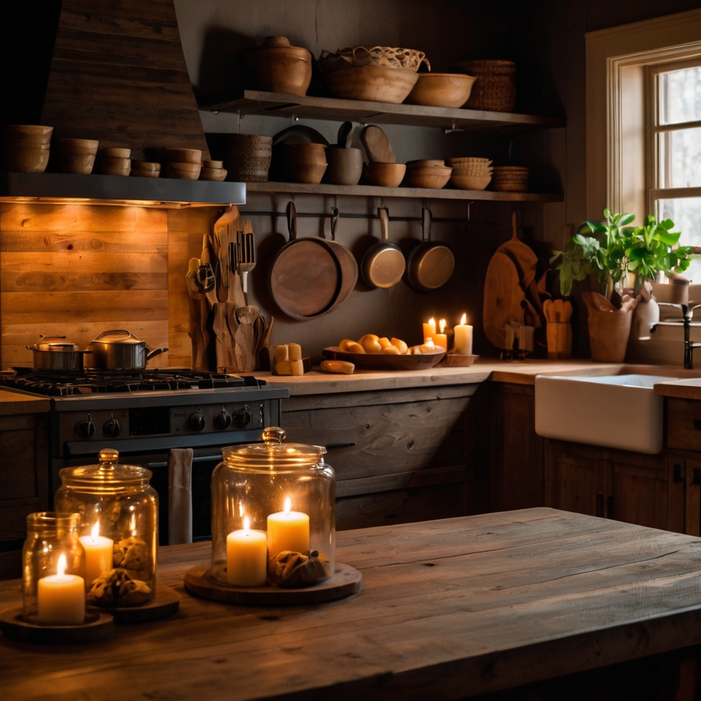 A rustic wooden countertop illuminated by soft candlelight and warm tones. Textured mats and woven baskets create a comforting, inviting feel.