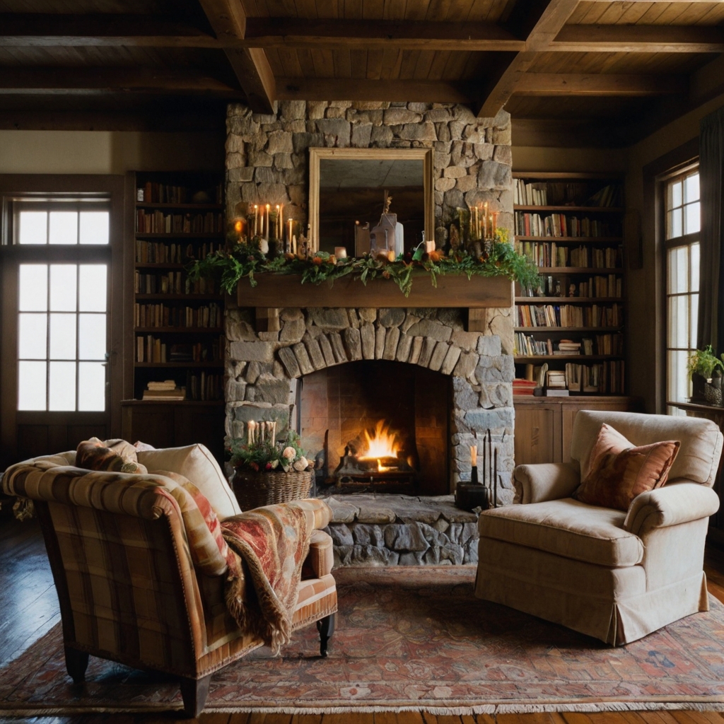 A cozy living room with a stone hearth and roaring fire, surrounded by plush seating. Vintage decor on the mantel and warm lighting create a relaxing retreat.