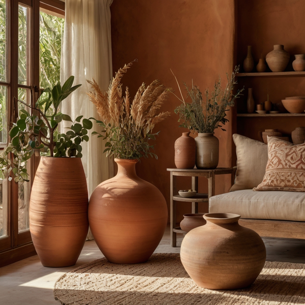 Earthy terracotta tones, rustic pottery, and soft sandy neutrals create a Mediterranean-inspired warmth.