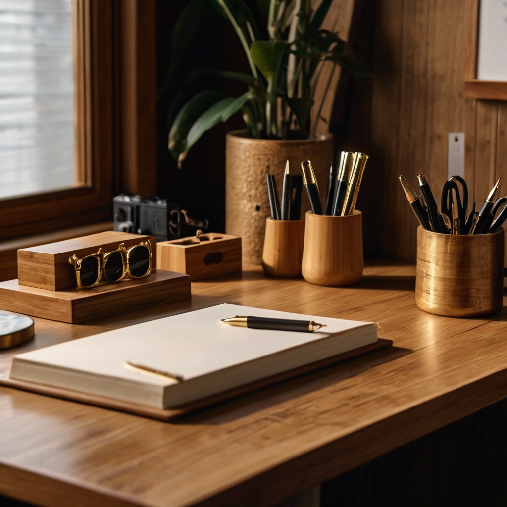 A workspace featuring bamboo organizers and wooden accessories. Natural textures bring warmth and rustic charm.