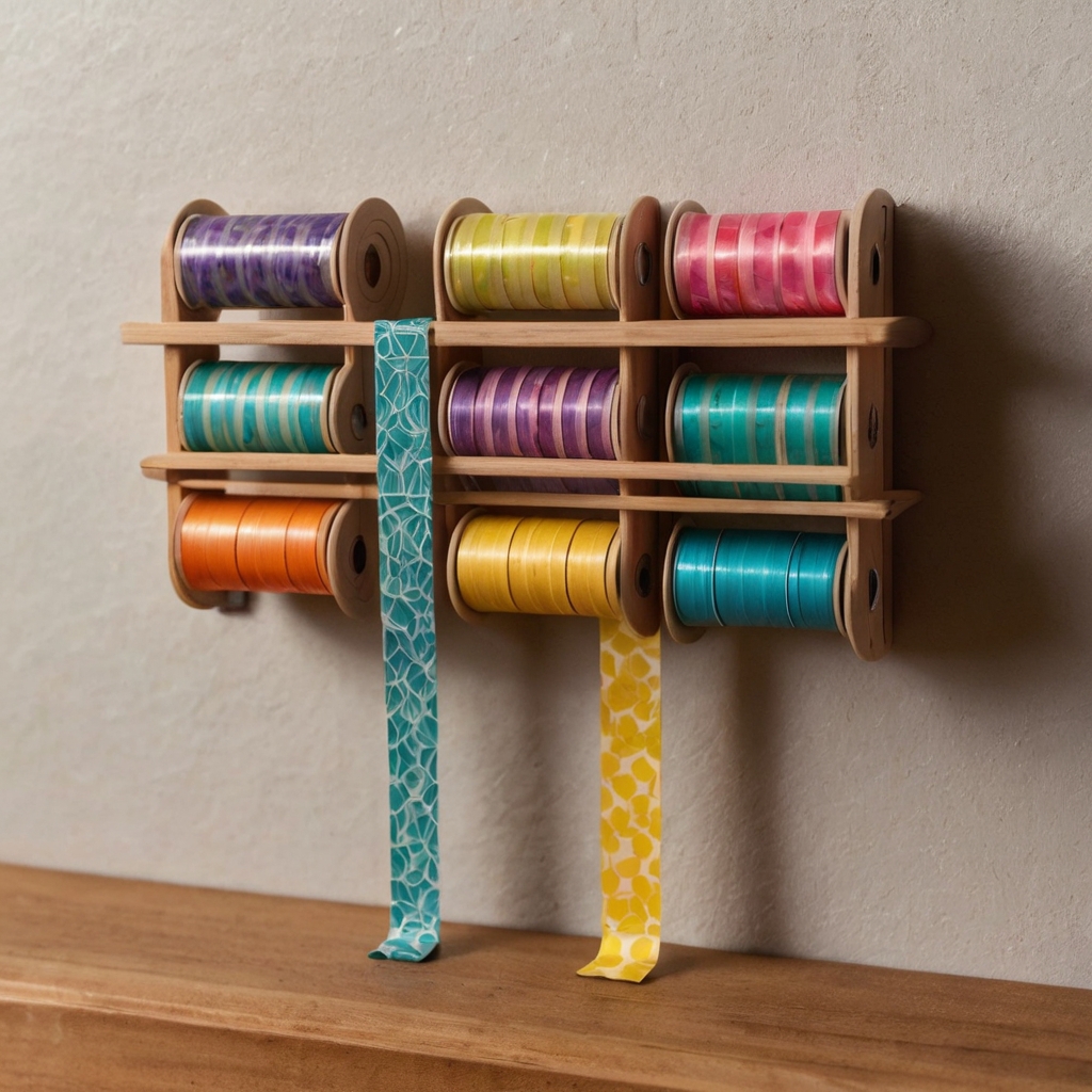 A wooden dowel holds neatly organized washi tape rolls, displayed with soft ambient lighting for a stylish and practical craft space.