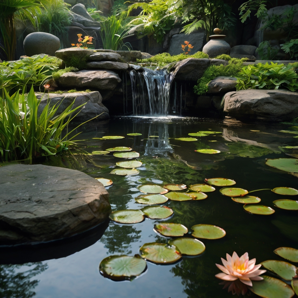 A peaceful courtyard with a stone waterfall and reflective pond, koi fish gliding beneath floating lilies. The soft glow of lanterns enhances tranquility.