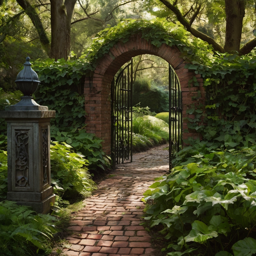 A winding brick pathway softened by moss and time, leading through a lush garden. Dappled sunlight filters through tree branches, casting shadows on the aged bricks.