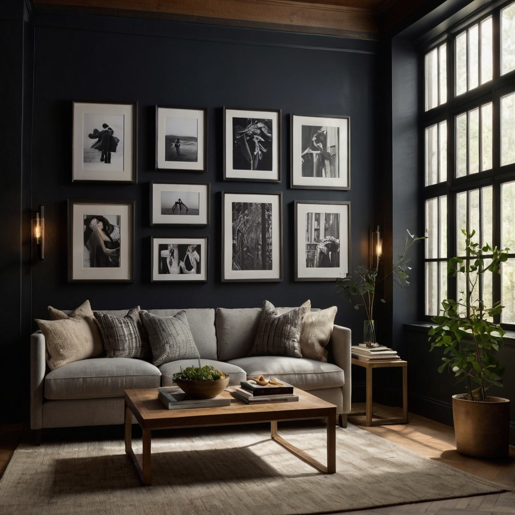 Curate a gallery wall of framed art, illuminated from above to create a focus and add personality to the space.