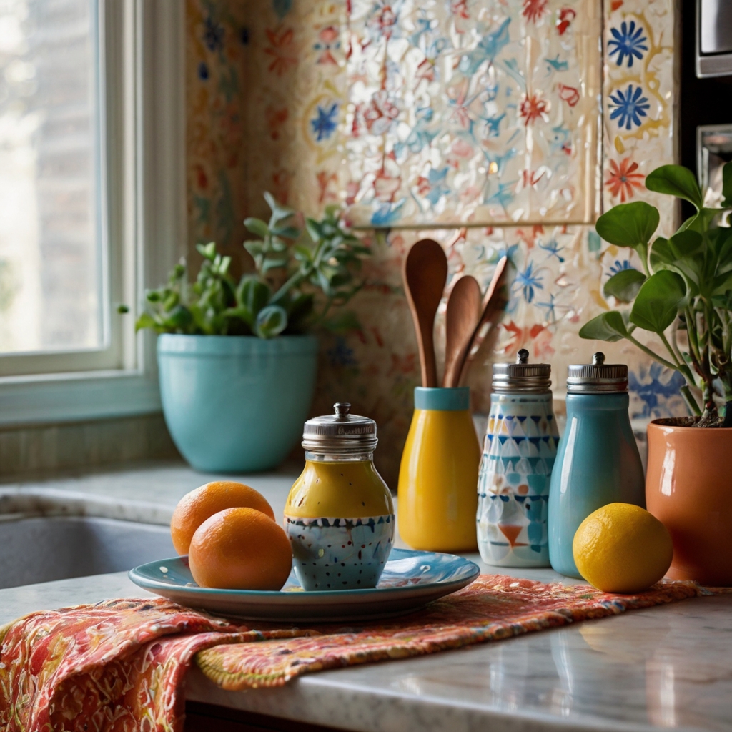 A playful countertop with quirky salt shakers, colorful dish towels, and fun decor. Bright lighting enhances the cheerful and eclectic design.