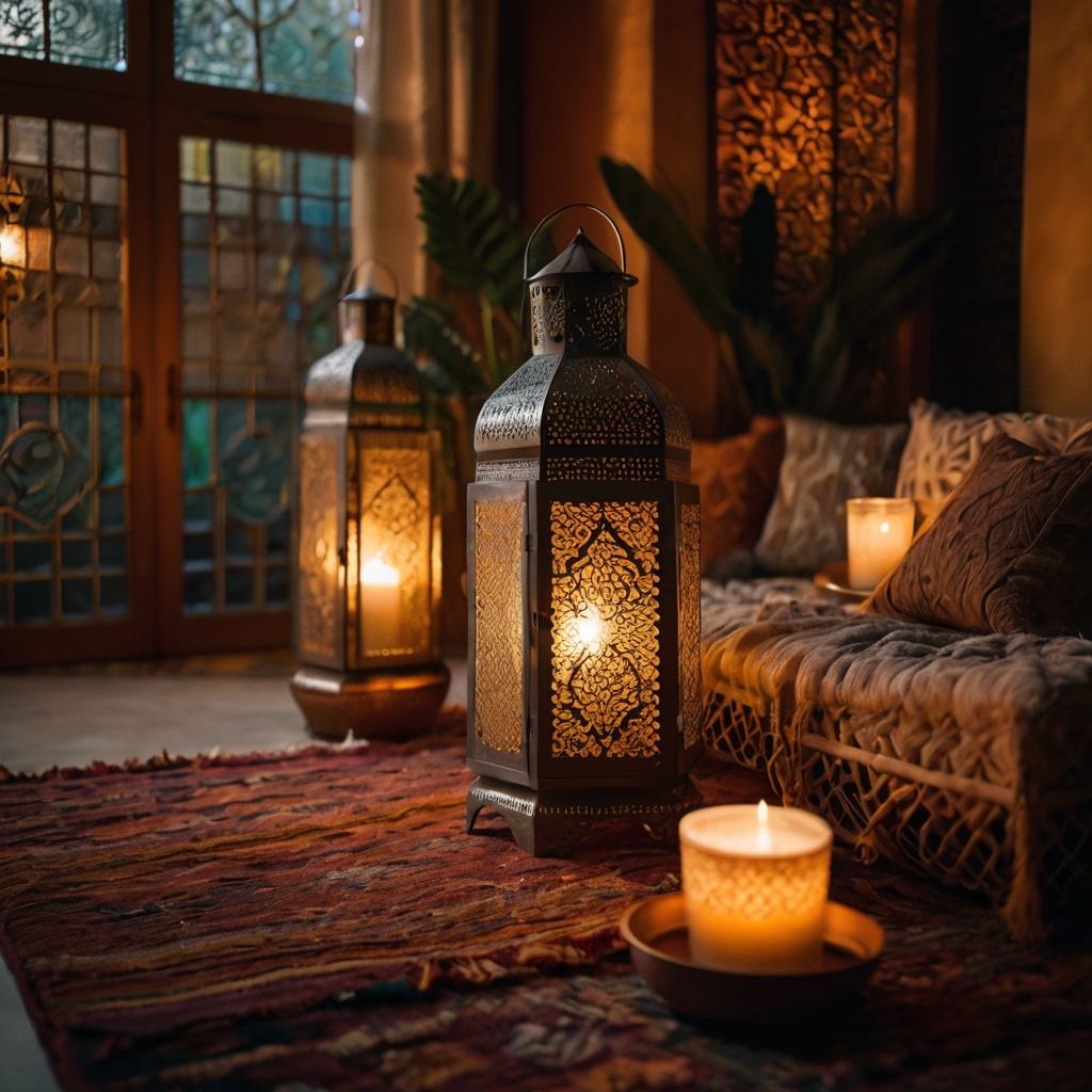 Moroccan-style lanterns casting intricate patterned shadows, illuminating a cozy bohemian living room.