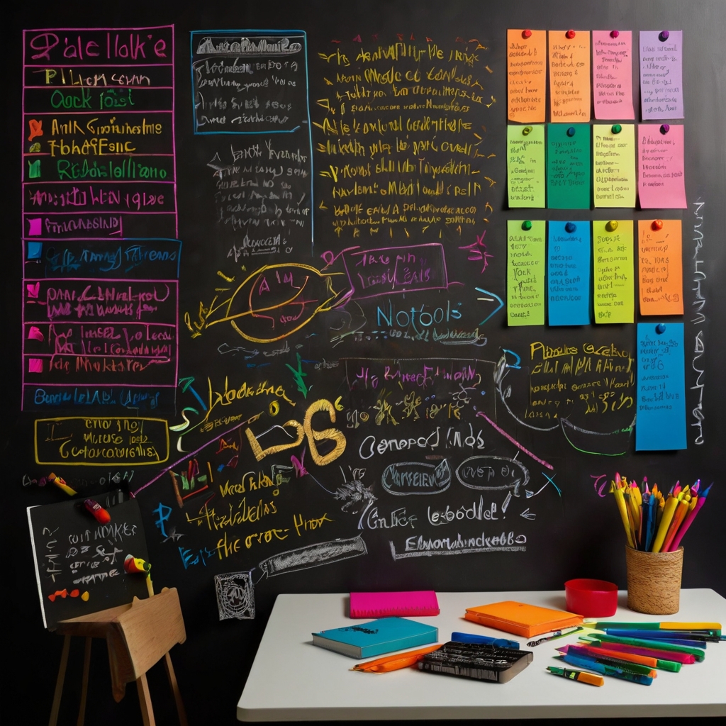 Writable chalkboard or whiteboard with colorful notes and doodles. Soft lighting from a nearby fixture highlights the bright colors and creative notes.