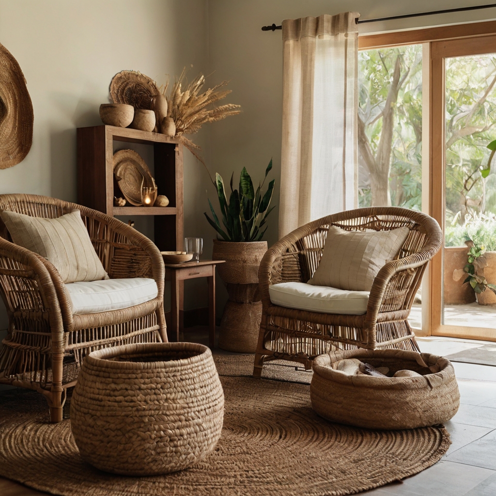 A cozy room with handwoven wicker furniture, rattan baskets, and textured rugs. Neutral tones and natural materials add warmth and inviting charm.