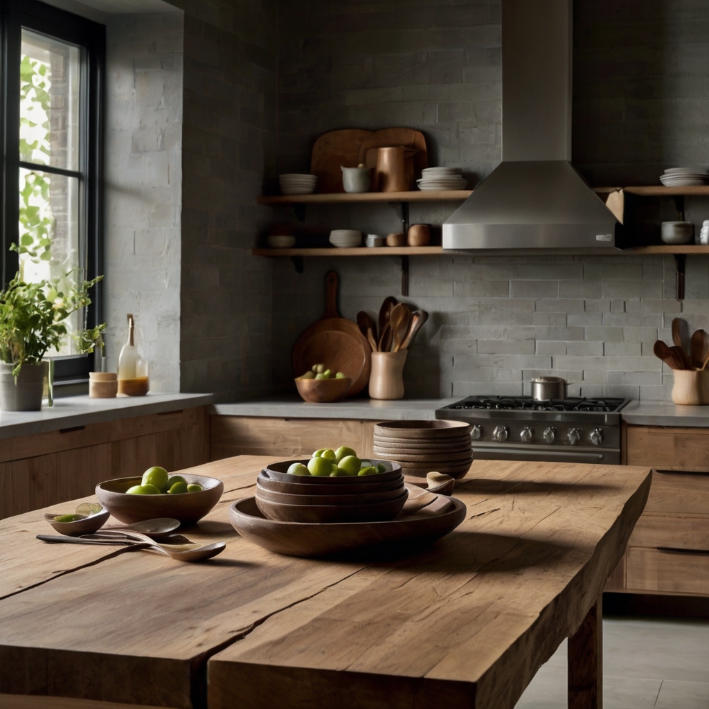 A kitchen blending smooth stone countertops with warm wooden accents. Natural light enhances the organic, modern feel.