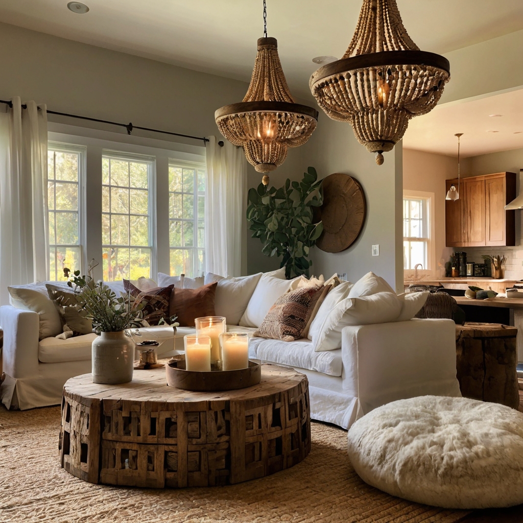 A grand wooden beaded chandelier diffusing golden light in a cozy boho living room with rustic furnishings.