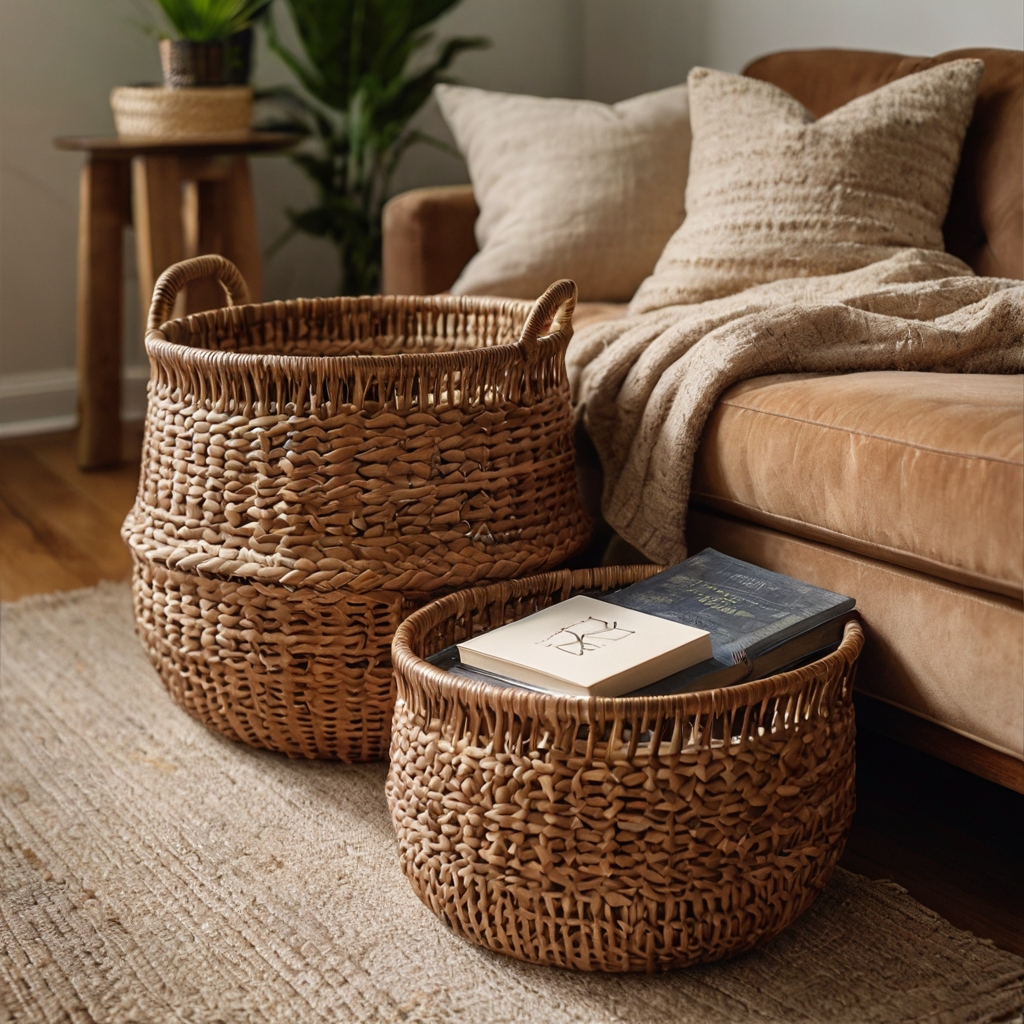 Rattan baskets filled with blankets and books sit beside a couch. Natural lighting highlights their texture.