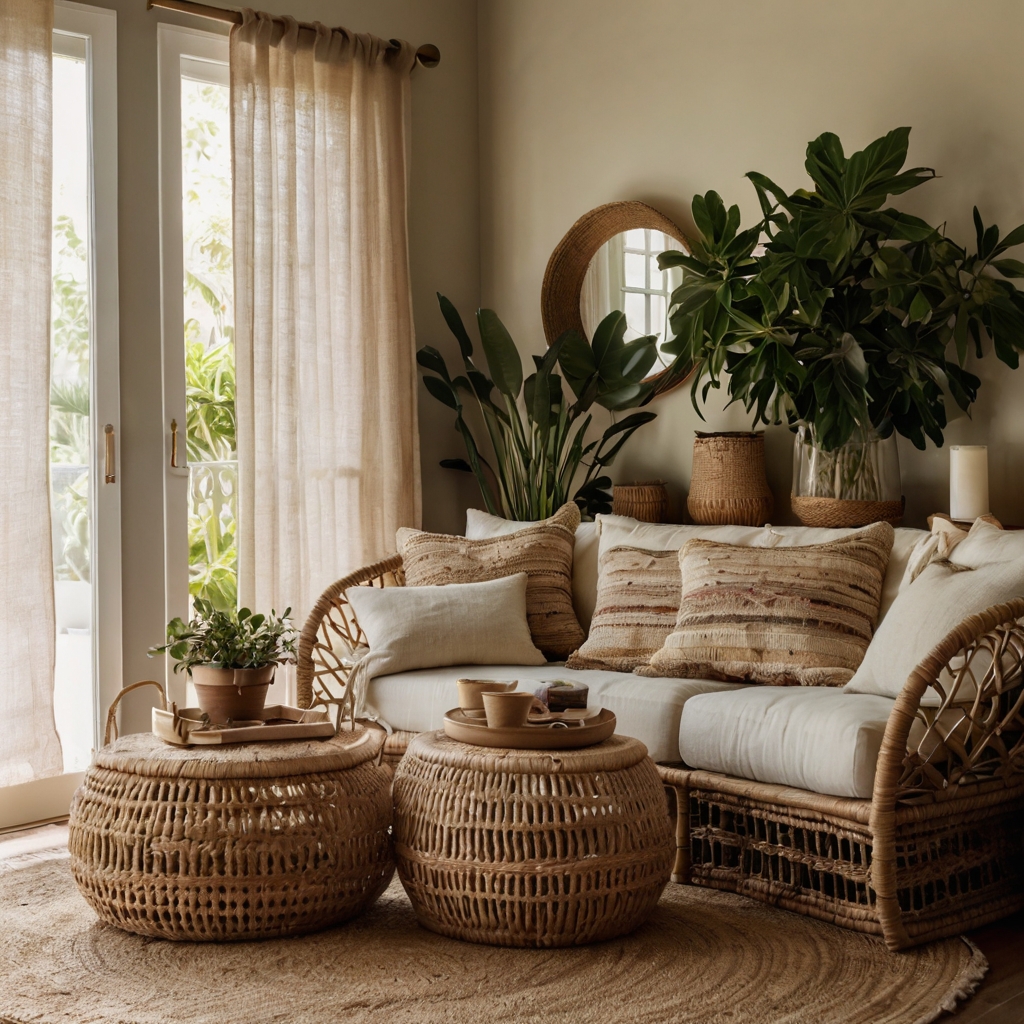 A stylish boho living room with woven rattan baskets for storage, adding texture and earthy tones under warm natural light.