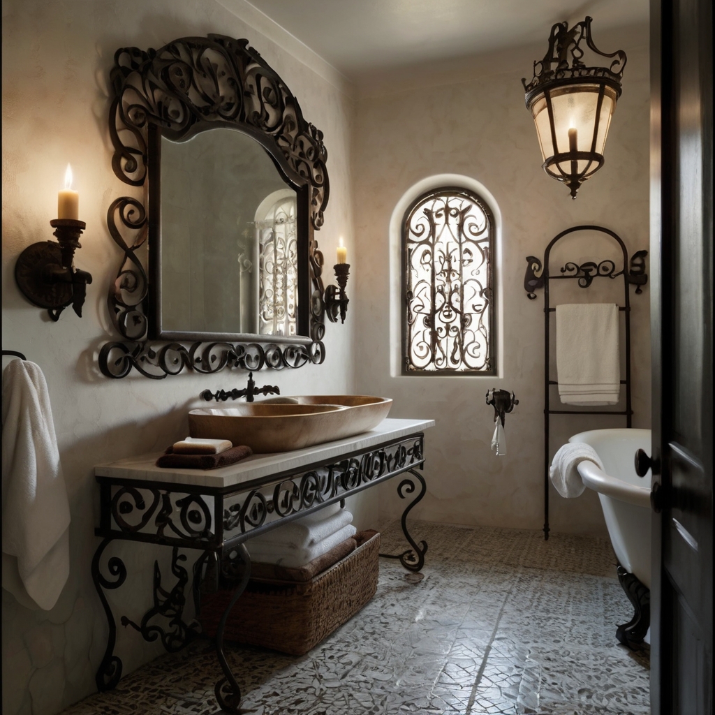 Elegant wrought iron mirrors and sconces bring timeless charm to a Spanish bathroom. Their dark, curling scrollwork contrasts beautifully with white stucco walls.