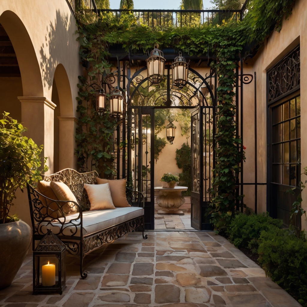 An elegant courtyard adorned with intricate wrought-iron trellises, benches, and lanterns. Climbing roses soften the structured metalwork.