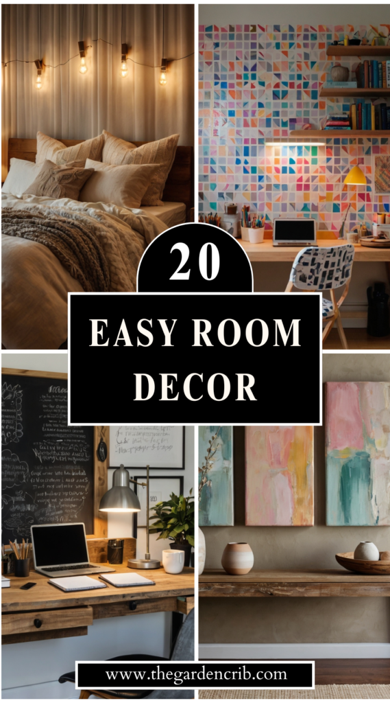 A collection of creative home decor ideas, including string lights, DIY art, floating shelves, and cozy textiles. Each element adds warmth, style, and personality to any space effortlessly.