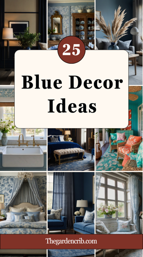 A stunning collection of blue-themed interiors with rich textures, elegant lighting, and artistic decor. From moody navy walls to airy coastal spaces, each setting exudes charm and sophistication.