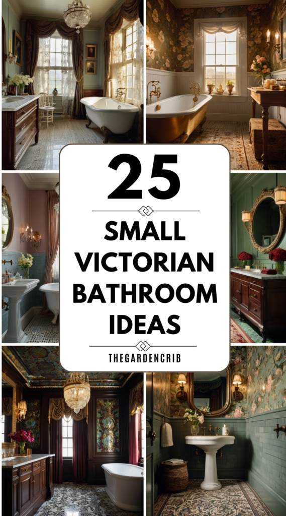 _A collection of small Victorian bathroom designs featuring clawfoot tubs, ornate mirrors, and antique brass fixtures. Soft lighting, pastel hues, and intricate detailing create a timeless, elegant ambiance._