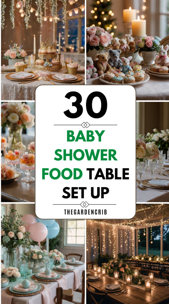 Elegant baby shower table décor featuring pastel florals, fairy lights, and gold accents. A dreamy setup with candles, balloon arches, and vintage-inspired details.