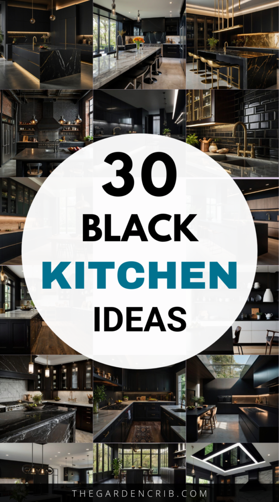 Stylish black kitchens with matte, glossy, and textured finishes, paired with gold, wood, and marble. Bold lighting and statement pieces enhance depth, contrast, and luxury.