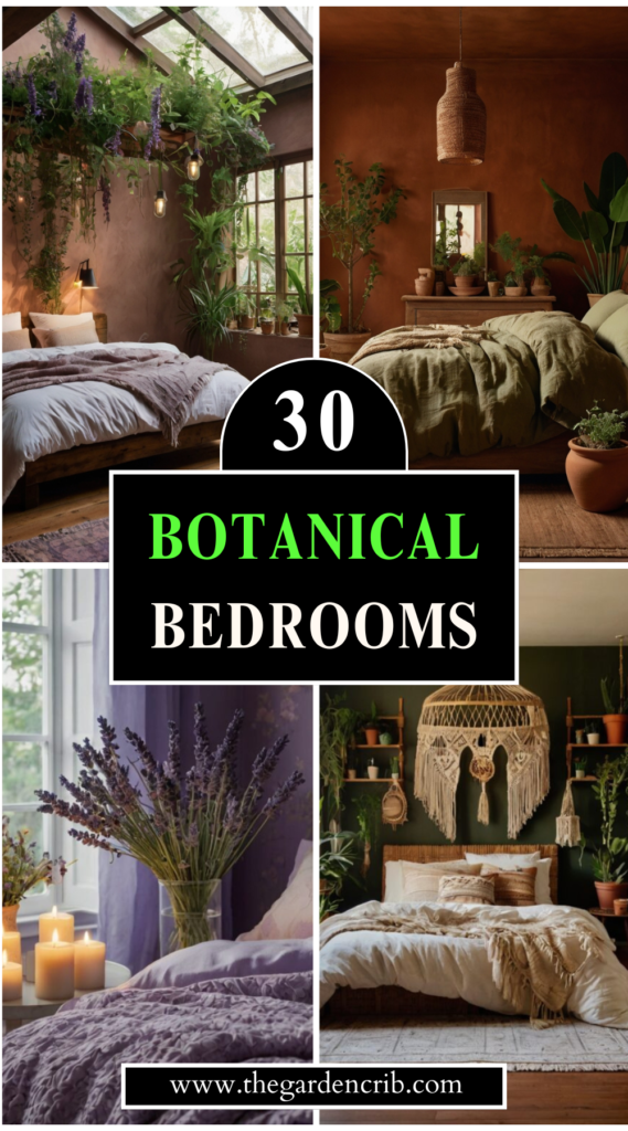 Botanical-themed bedrooms with lush plants, earthy textures, and soft natural lighting create serene, calming spaces. Each design brings nature indoors, from tropical oases to minimalist succulent retreats.