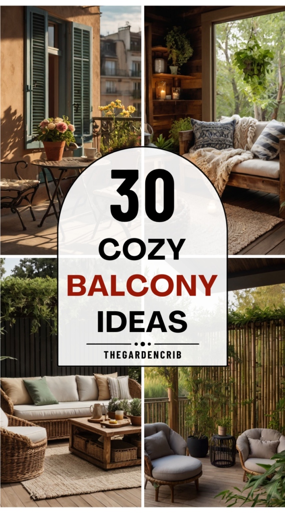 A cozy balcony with warm lighting, soft textiles, and lush greenery creating a relaxing retreat. Rustic accents, hanging decor, and comfy seating enhance the inviting ambiance.