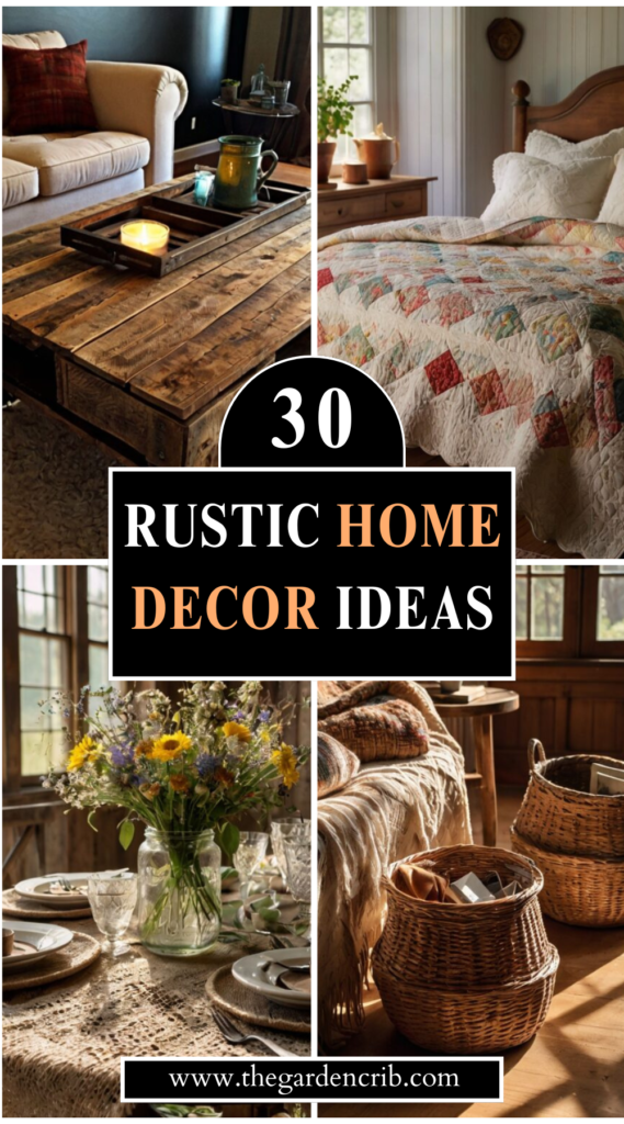 Rustic farmhouse decor featuring reclaimed wood, distressed furniture, and cozy textures. Warm lighting highlights vintage accents, creating a charming, nostalgic ambiance.