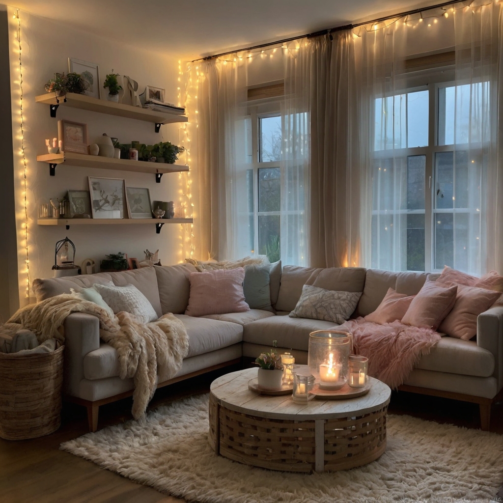 String lights wrapped around shelves add a dreamy glow. Pastel cushions and sheer curtains create a magical ambiance.