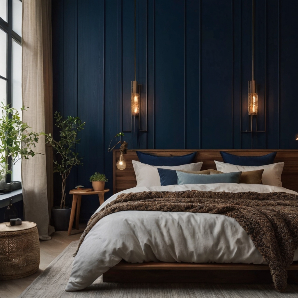 A bold accent wall with wood paneling or deep colors, creating a stylish bedroom statement.