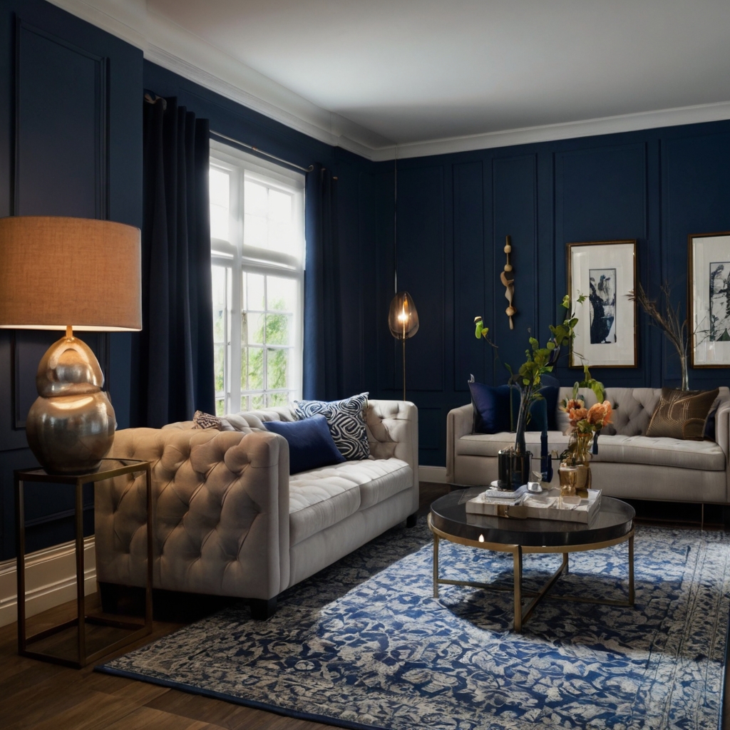 A stylish living room with a deep blue accent wall adding depth. Warm lighting complements the bold yet elegant decor.