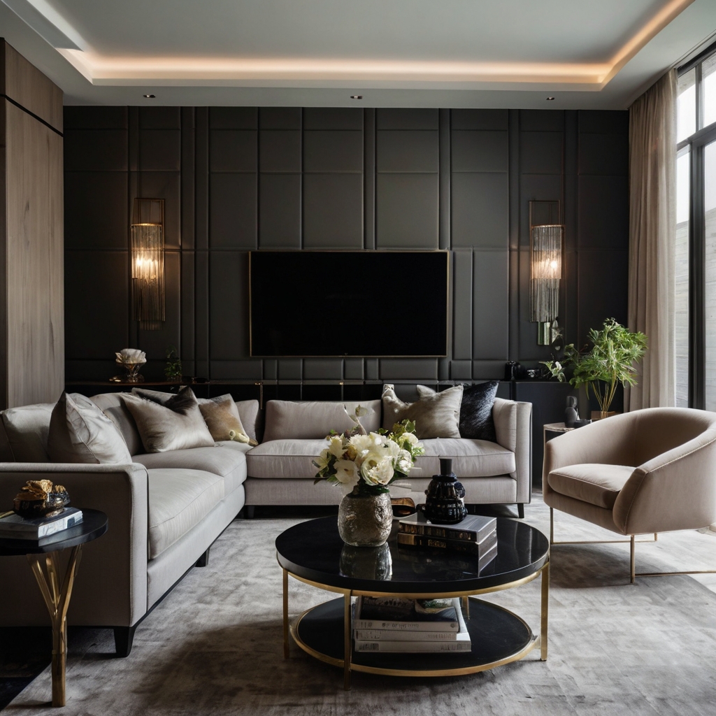 A deep charcoal accent wall contrasts beautifully with neutral furniture. Indirect lighting highlights the texture, adding modern sophistication.