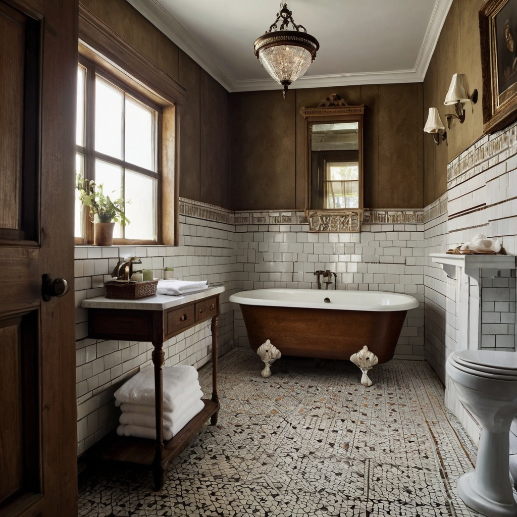 A Victorian bathroom featuring porcelain soap dishes and bronze towel racks. Hexagonal mosaic tiles and carved wooden cabinets create a vintage charm.